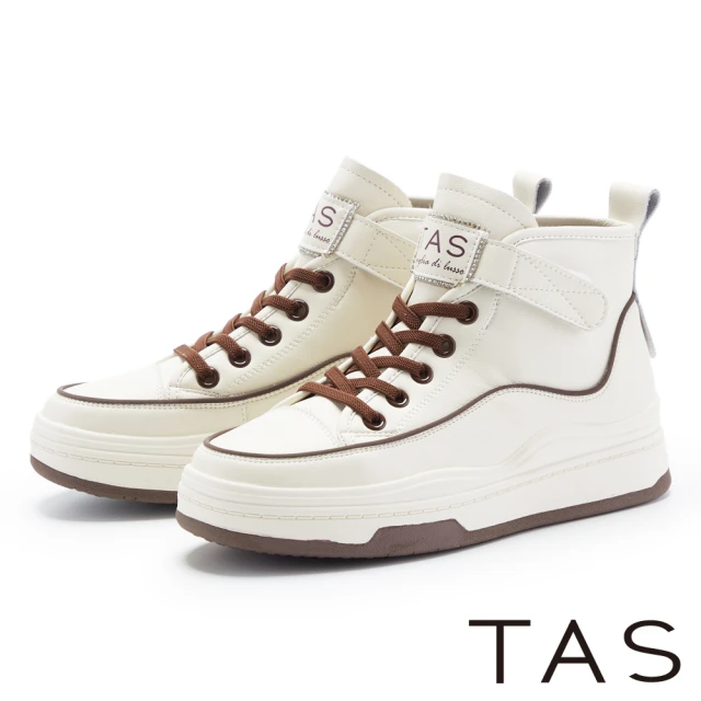 【TAS】免綁帶真皮舒適高筒休閒鞋(米白)