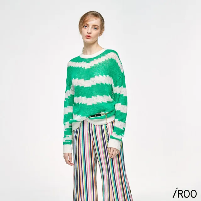 【iROO】彩條雪紡喇叭褲