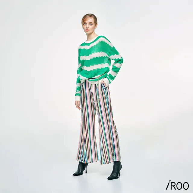 【iROO】彩條雪紡喇叭褲