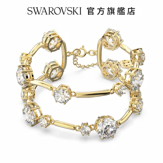 【SWAROVSKI 官方直營】Constella 雙圈手鐲 圓形切割  白色  鍍金色色調 交換禮物