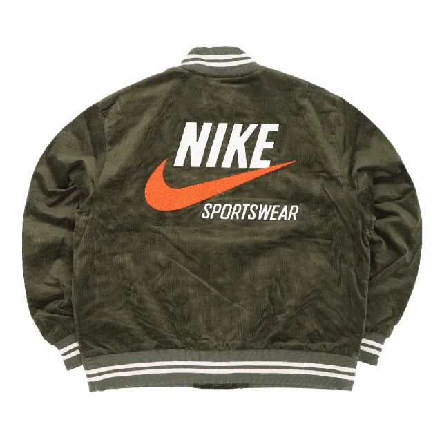 NIKE 耐吉】棒球外套NSW Trends Bomber 男款燈芯絨綠復古寬鬆刺繡大