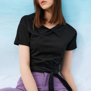 【OUWEY 歐薇】甜美迷人活動腰帶短版純棉上衣(黑色；S-L；3232171203)