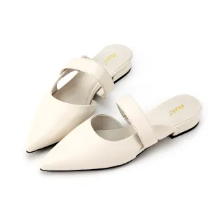 【HERLS】穆勒鞋-全真皮尖頭瑪莉珍低跟穆勒鞋(白色)