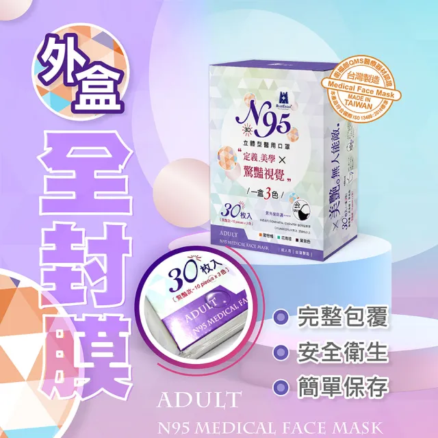 【藍鷹牌】驚艷款 N95醫用立體型成人口罩4盒 三色綜合款 30片/盒(歐戀橘、花青綠、黛紫色)