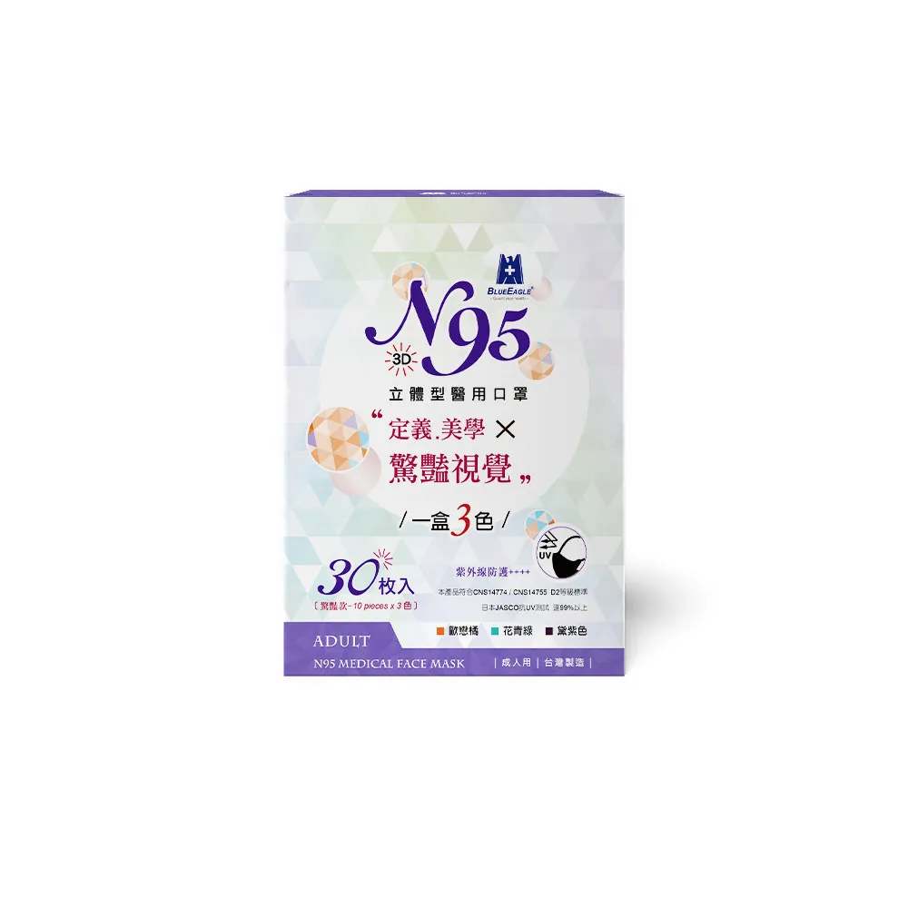 【藍鷹牌】驚艷款 N95醫用立體型成人口罩2盒 三色綜合款 30片/盒(歐戀橘、花青綠、黛紫色)