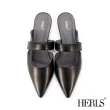 【HERLS】穆勒鞋-全真皮尖頭瑪莉珍低跟穆勒鞋(黑色)
