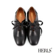 【HERLS】牛津鞋-兩穿緞帶鏤空方頭低跟牛津鞋-附鞋帶(黑色)