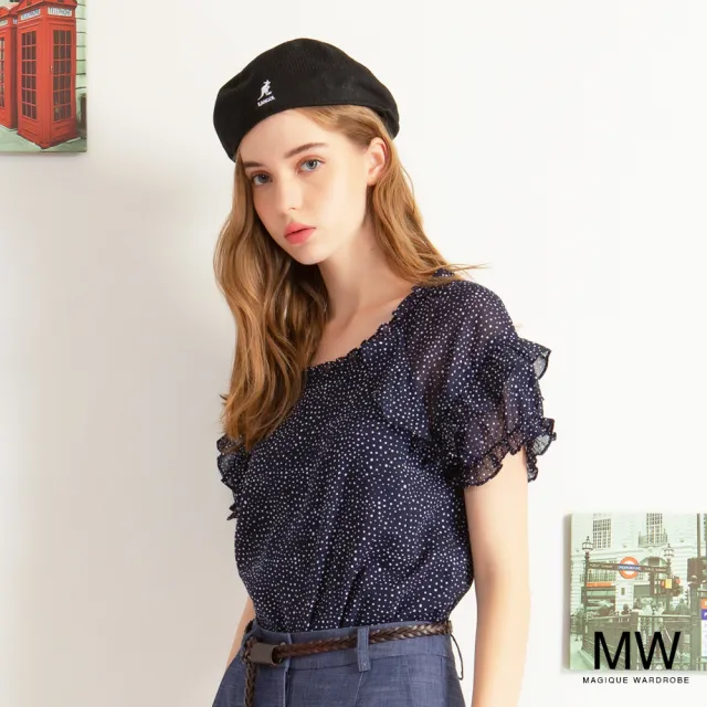 【MAGIQUE WARDROBE】點點荷葉拋袖雪紡上衣(藍白印花)