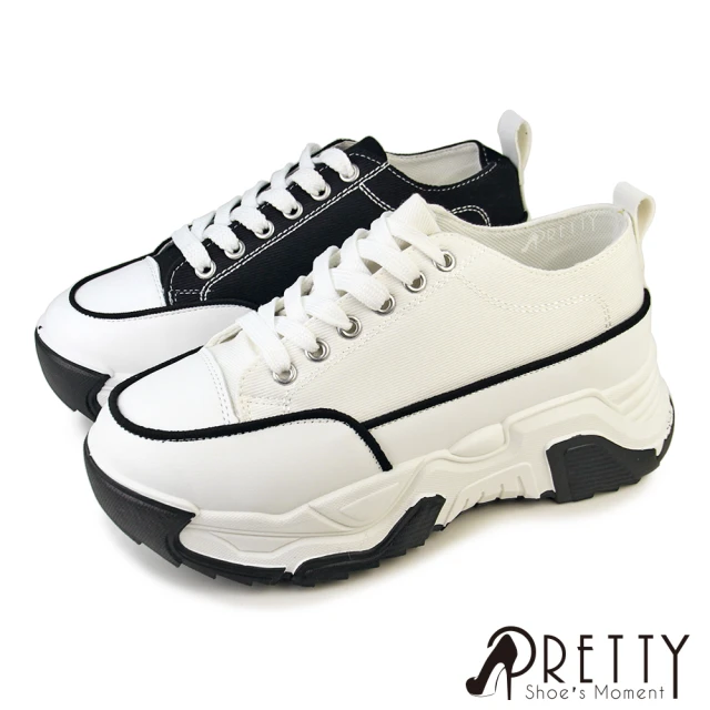 【Pretty】女 休閒鞋 小白鞋 帆布鞋 厚底 顯瘦 增高(白色、黑色)
