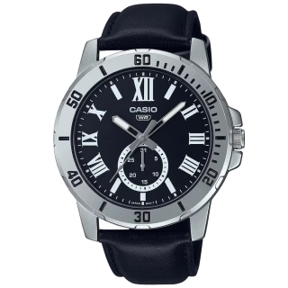 【CASIO 卡西歐】時尚尖端皮革腕錶/黑x銀框 羅馬數字款(MTP-VD200L-1B)