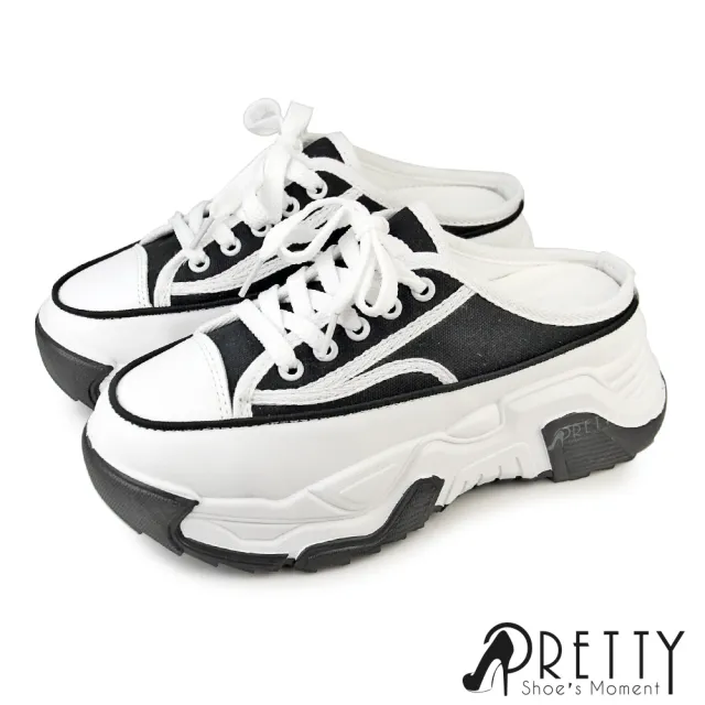 【Pretty】女 休閒拖鞋 老爹 穆勒鞋 帆布鞋 運動風 厚底 顯瘦 增高(藍色、白色、黑色)