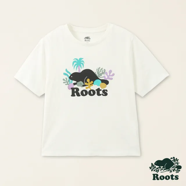 【Roots】Roots女裝-海洋生活家 珊瑚貝殼海狸有機竹節棉短袖T恤(白色)