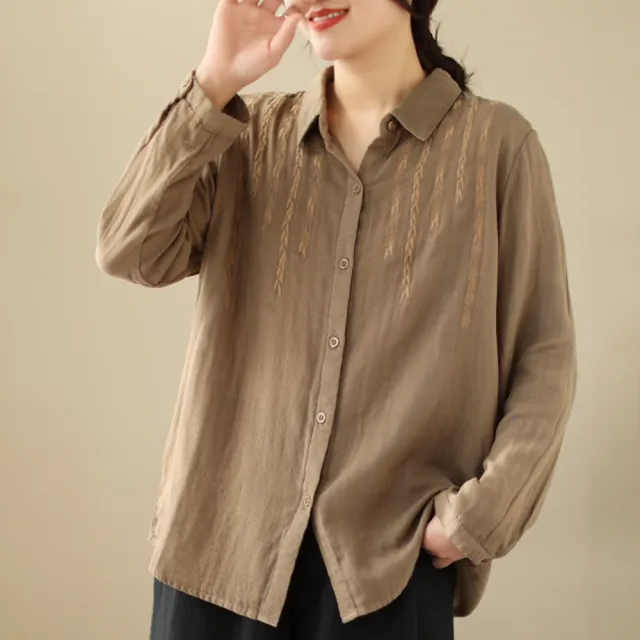 【ACheter】棉麻襯衫長袖麥穗刺繡寬鬆短版上衣#115710(4色)