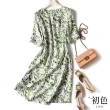 【初色】清涼感印花收腰五分袖短袖圓領高腰中長裙連身裙洋裝-綠色-68207(M-2XL可選)
