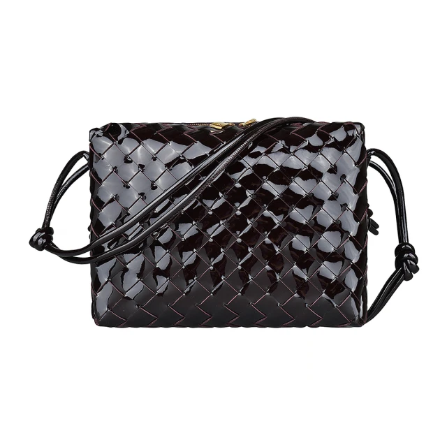 BOTTEGA VENETA 寶緹嘉 BV BOTTEGA VENETA INTRECCIO內裡壓印LOGO編織設計漆皮拉鍊斜背包(小/深紫紅)