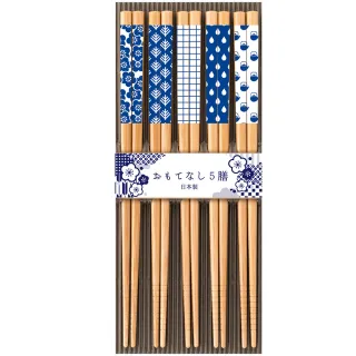 【DAIDOKORO】日本製頂級天然竹筷子5雙入 彩色日式和風 茶壺格紋梅花(防滑加工/抗菌加工)