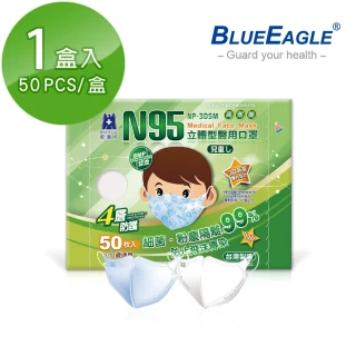 【藍鷹牌】N95立體型6-10歲兒童醫用口罩 藍天藍、白雲白 50片x1盒(共50片)