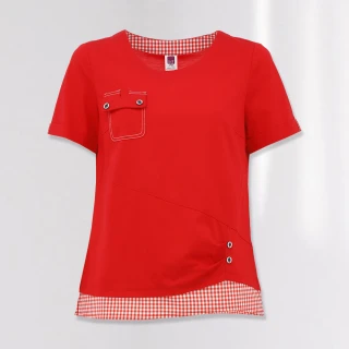 【ILEY 伊蕾】俏皮車線口袋剪接格紋純棉上衣(紅色；M-XL；1232441202)