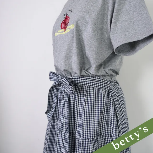【betty’s 貝蒂思】蔬果印花鬆緊腰格紋洋裝(灰色)