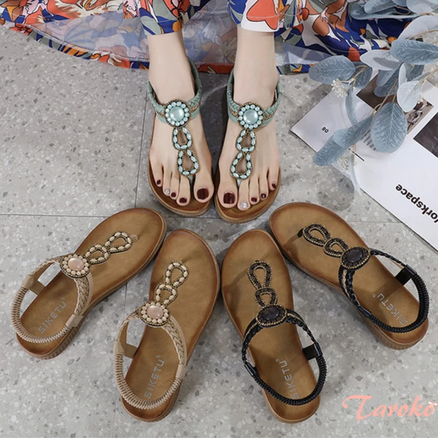 【Taroko】太陽貓眼石串珠夾腳平底涼鞋(3色可選)
