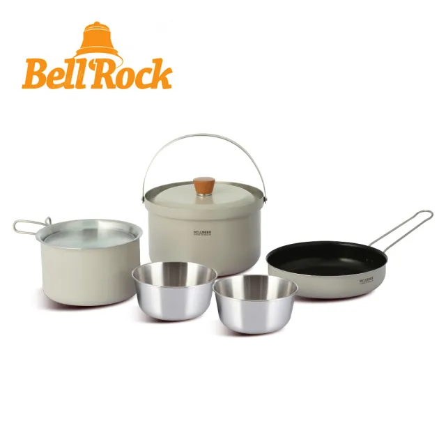 【韓國Bell Rock】Color9複合金不鏽鋼戶外炊具9件組 奶油灰(附收納袋露營套鍋組 不沾平底鍋 不鏽鋼套鍋)