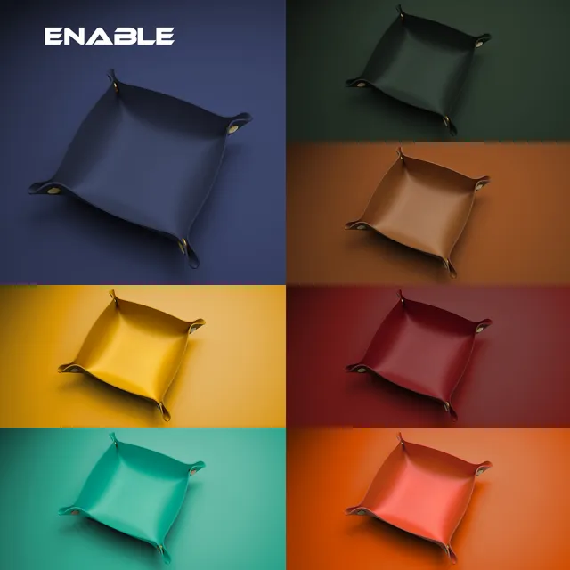 【ENABLE】防水收折式 皮革桌面收納盒/置物籃/飾品鑰匙化妝品托盤-20x20cm(玄關鑰匙盤/化妝品盒/雜物收納)