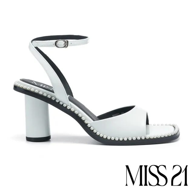 【MISS 21】跩甜小氣質珍珠光感全真皮大方頭高跟涼鞋(白)