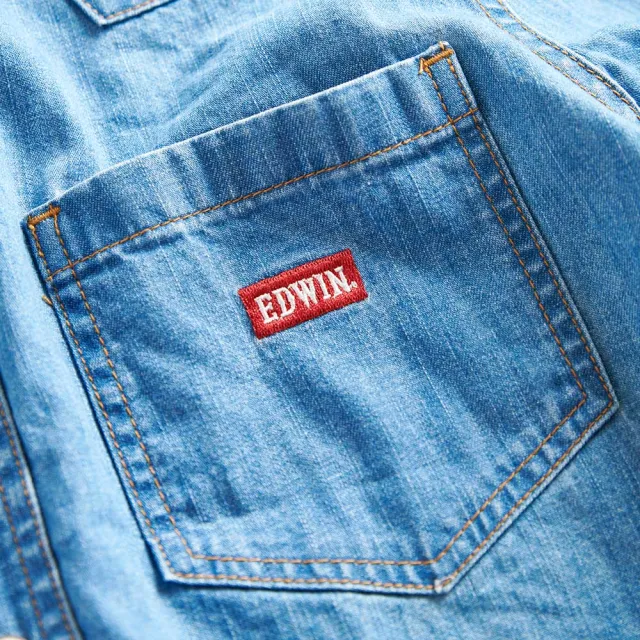 【EDWIN】男裝 露營系列 刺繡LOGO長袖牛仔襯衫(石洗藍)