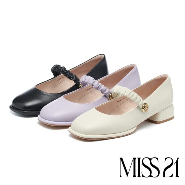 【MISS 21】復古小優雅羊皮大方頭瑪莉珍高跟鞋(黑)