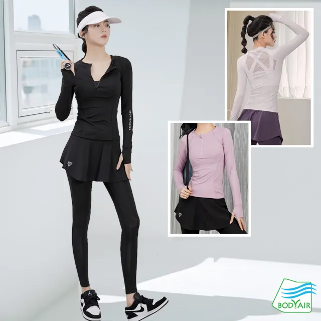 【BODYAIR】拉鍊領小腰背紗長袖上衣+假兩件一片裙九分褲組(瑜珈.運動.慢跑.透氣.舞蹈.運動服.運動褲)