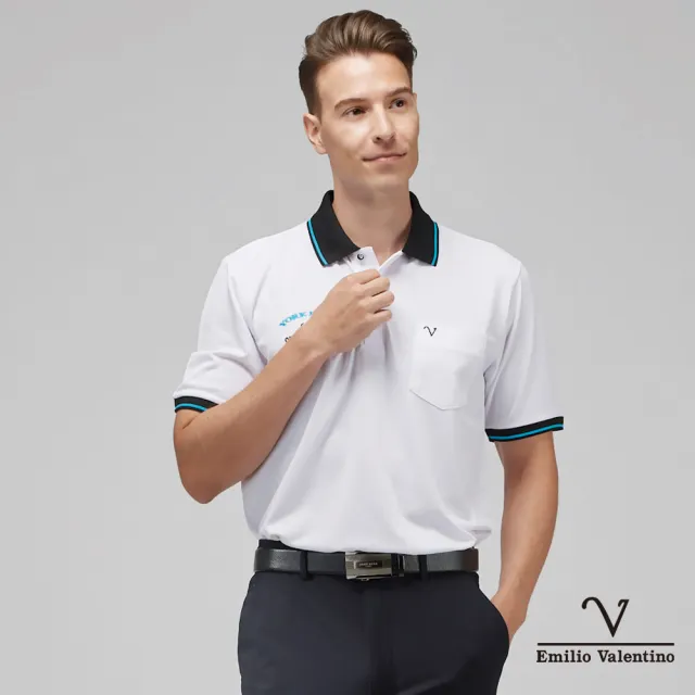 【Emilio Valentino 范倫鐵諾】男裝 吸濕速乾胸袋素面短袖POLO衫_白(66-3V7101)