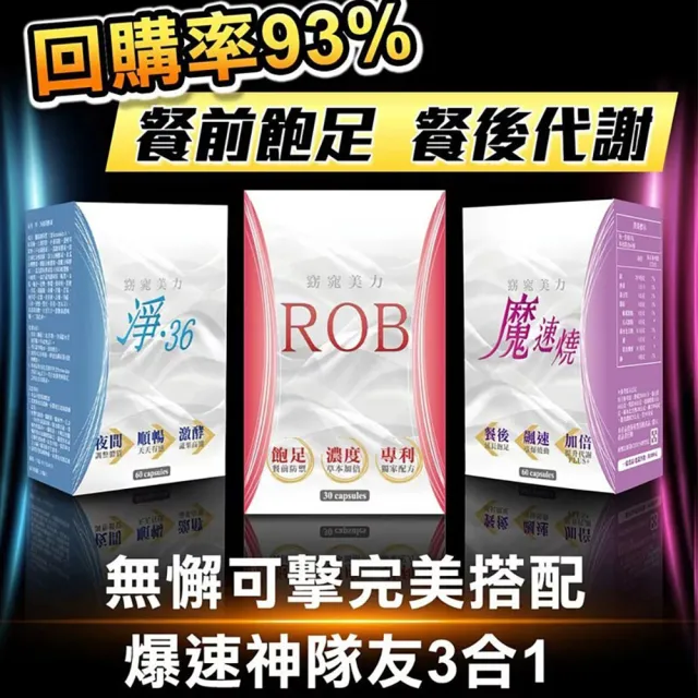 【ROB 窈窕美力】ROB1盒＋淨36夜間酵素1盒＋魔速燒1盒(共70顆;3合1-爆速神隊友 momo特規組)