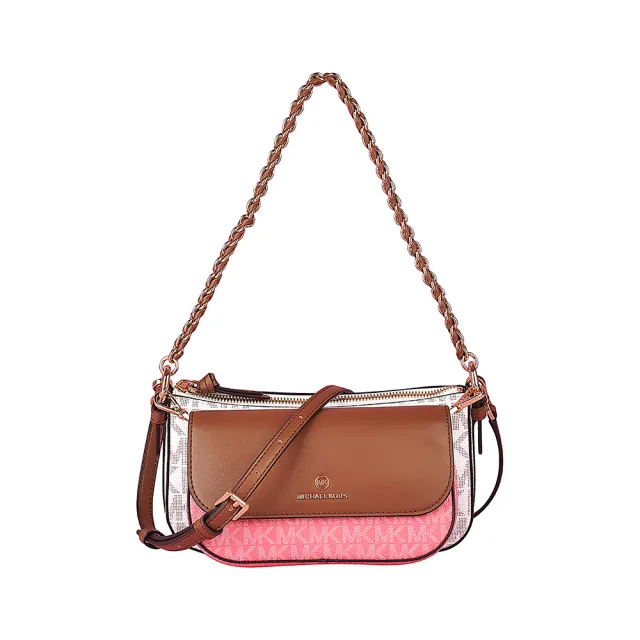 【Michael Kors】MK MICHAEL KORS JET SET金字LOGO拼色PVC滾邊牛皮4合1斜背子母包(茶玫瑰粉x多色)