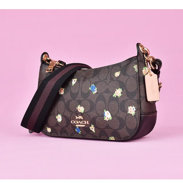 【COACH】COACH JES BUEGETTE 馬車LOGO玫瑰印花設計拉鍊斜背彎月包(深咖x黑x多色)