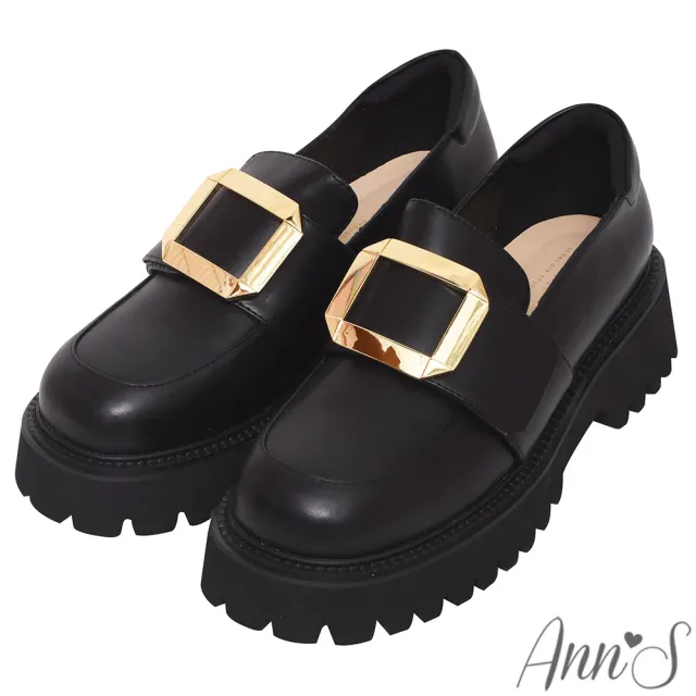 【Ann’S】可調整魔鬼氈-金色大方扣顯瘦輕量厚底樂福鞋5cm(黑)