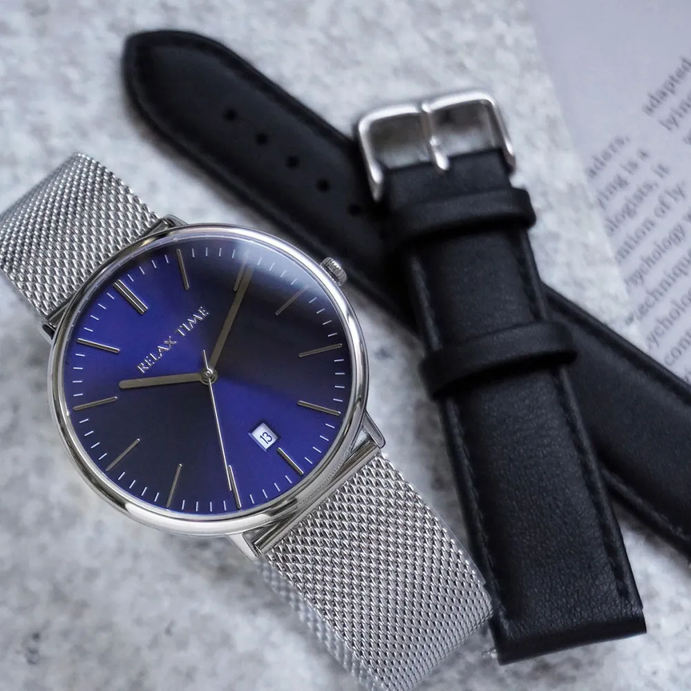 【Relax Time】極簡大三針日期手錶-藍/40mm 加贈皮帶 畢業禮物(RT-97-2M)