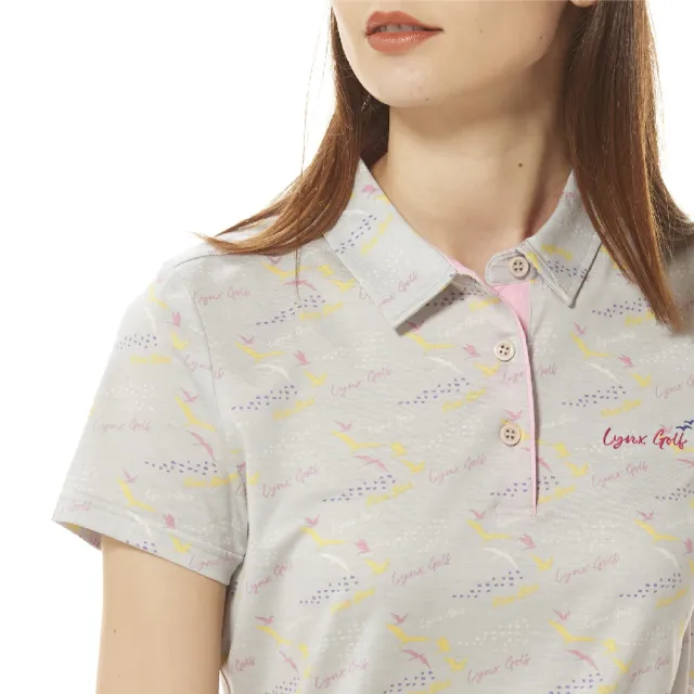【Lynx Golf】女款純棉雙絲光面料滿版鳥類剪影印花短袖POLO衫/高爾夫球衫(二色)