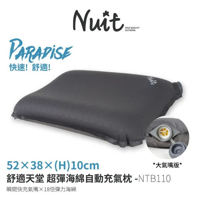 【NUIT 努特】舒適天堂 超彈海綿自動充氣枕 進氣孔加大版 大氣嘴 快速充氣 登山 露營(NTB110滿額出貨)