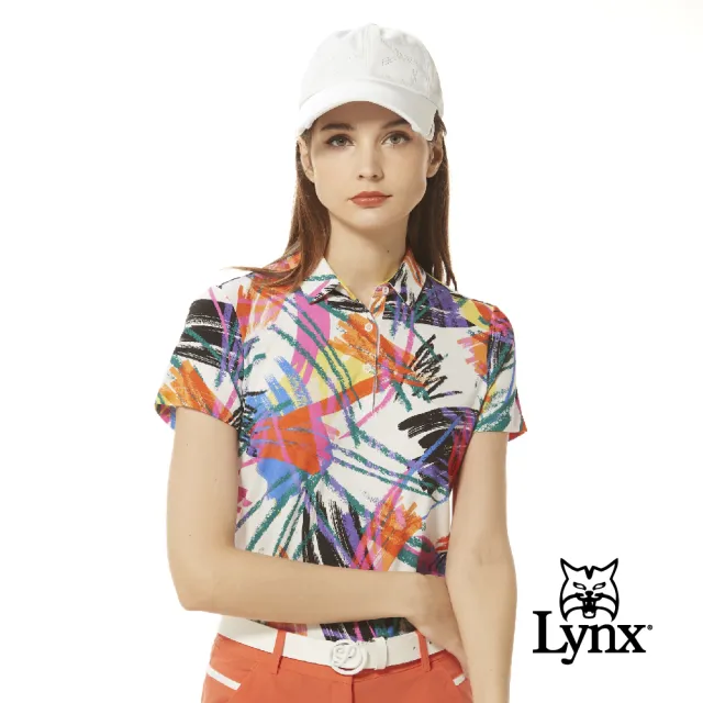 【Lynx Golf】女款歐洲進口布料柔軟舒適蠟筆塗鴉筆觸印花短袖POLO衫(白色)