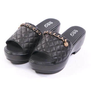 【ee9】優雅菱格紋晶鑽金屬飾扣厚底拖鞋-黑色-7605159 10(拖鞋)