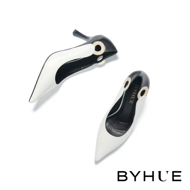 【BYHUE】極簡品味撞色拼接羊皮軟芯尖頭高跟鞋(米白)