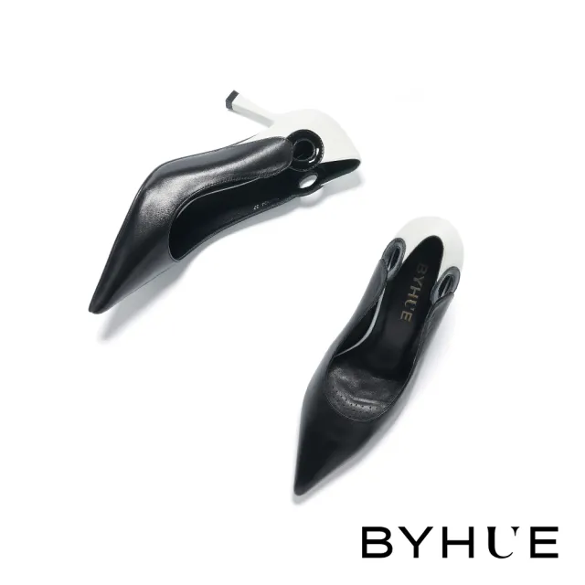 【BYHUE】雙11 極簡品味撞色拼接羊皮軟芯尖頭高跟鞋(黑)