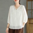【ACheter】棉麻七分袖V領刺繡薄款棉麻氣質寬鬆短版上衣#117489(4色)
