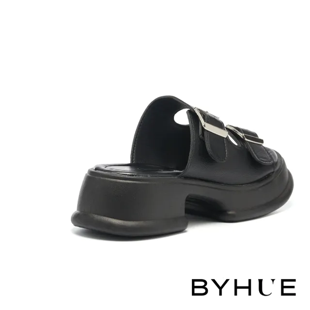 【BYHUE】簡約率性方釦雙繫帶軟芯厚底拖鞋(黑)