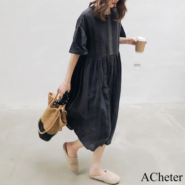 【ACheter】日系黑色大碼復古學院風棉麻亞麻短袖圓領寬鬆連身裙減齡中長洋裝#117548(黑)