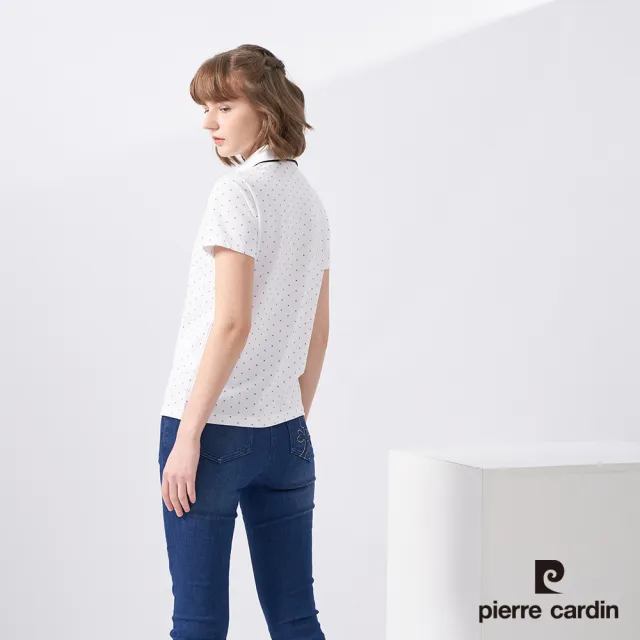 【pierre cardin 皮爾卡登】網路獨家 女款 Hi Cool吸濕排汗彈性網眼印花短袖POLO衫-白色(8227293-90)