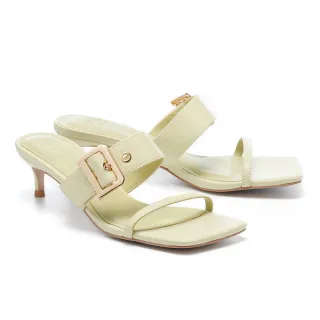 【HELENE_SPARK】時髦品味方釦寬帶全真皮方頭高跟拖鞋(綠)