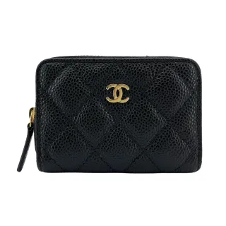 【CHANEL 香奈兒】雙C金logo粒紋牛皮拉鍊卡夾/零錢包(AP0216-黑)