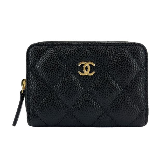 【CHANEL 香奈兒】雙C金logo粒紋牛皮拉鍊卡夾/零錢包(AP0216-黑)