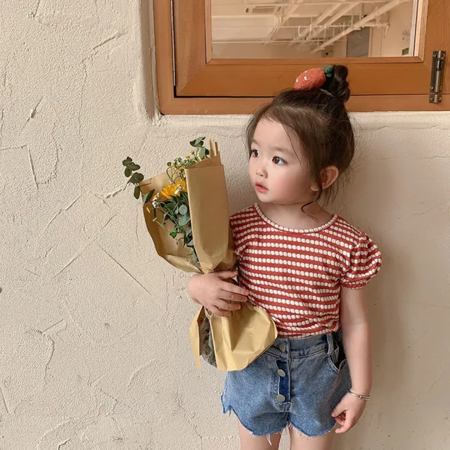 【Baby 童衣】女童條紋蝴蝶結露背上衣 女寶寶上衣 夏天短袖T 89026(共１色)